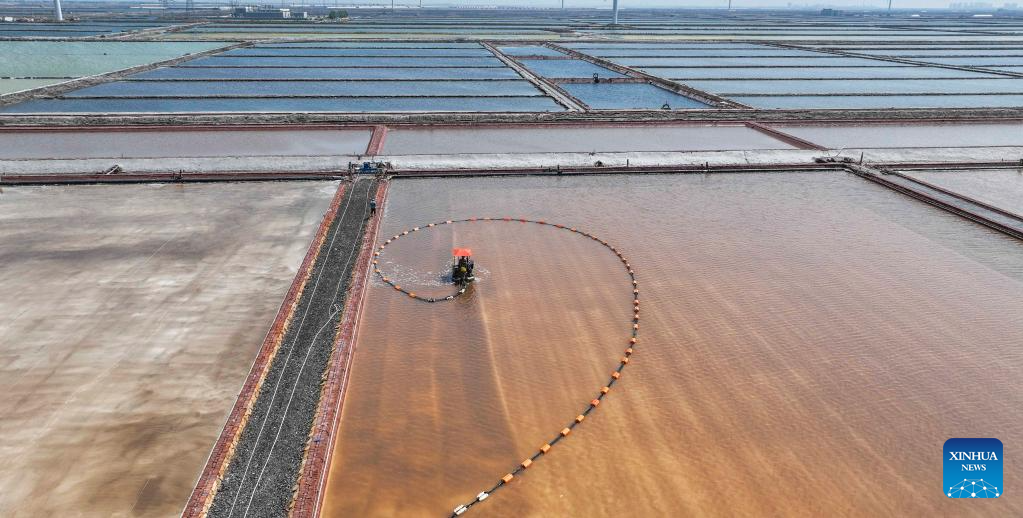 Trabalhadores colhem sal em Tangshan, Província de Hebei, no norte da China