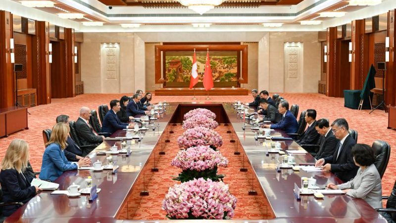 Mais alto legislador da China mantém conversas com presidente do Conselho de Estados da Suíça